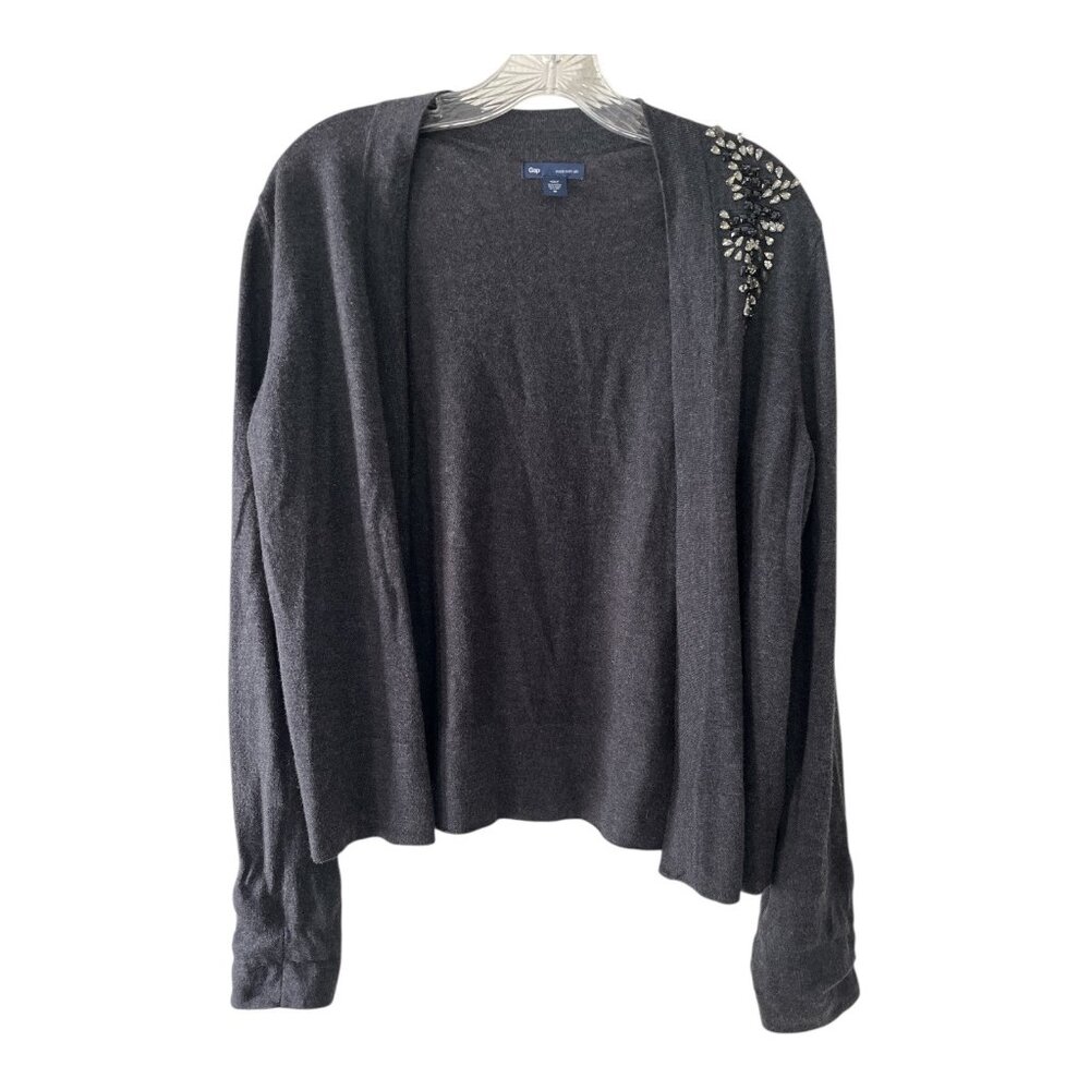 GAP Women’s Embellished Shoulder Cardigan – Charcoal Gray Silk Blend – Size M